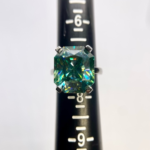 15 Carat Radiant Cut Moissanite Ring Vivid Blue Green Cocktail Statement Ring - Picture 14 of 15